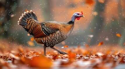 A turkey walking through a colorful autumn landscape with falling leaves.