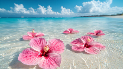 pink hibiscus flowers floating on the clear blue water in the foreground, with a light yellow sand and sky background.