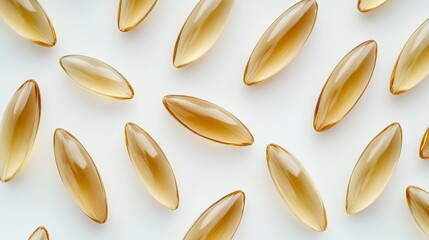 Omega-3 fish oil capsules on a white background, providing health benefits as a dietary supplement. 