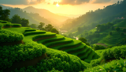 Fototapeta premium Lush Regenerative Farmland with Terraced Crops