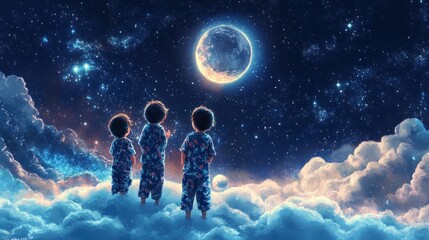Obraz premium Three boys in pajamas stand on clouds, gazing at a large moon and starry night sky.
