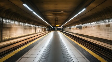 Fototapeta premium Empty Underground Train Station Tunnel. Concept of urban transportation, modern architecture, and urban infrastructure.
