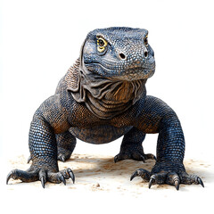 Obraz premium Komodo dragon on the ground, in full front view, against a white background