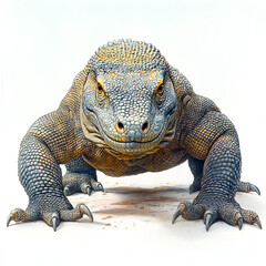 Obraz premium Komodo dragon on the ground, in full front view, against a white background