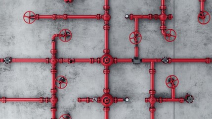 Red Industrial Pipes and Valves System on Concrete Surface with Complex Configuration for Plumbing, Heating, and Water Distribution Infrastructure