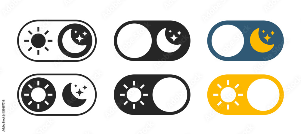 Poster day night mode buttons set icon vector, light dark color scheme theme toggle switch ui interface ele