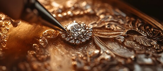 Close-up of jeweler setting diamond on ornate gold.