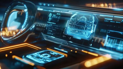 Obraz premium Futuristic Car Interior: Neon Lights and Advanced Technology Dashboard