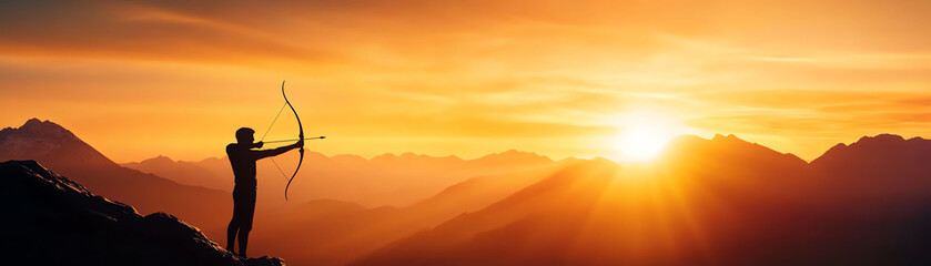Fototapeta premium An archer silhouetted against a vibrant sunset, highlighting focus and determination.