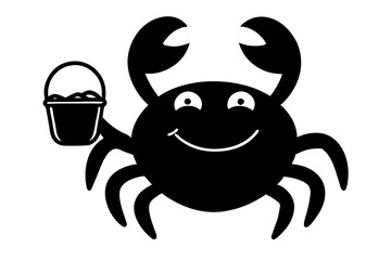A smiling crab holding a tiny bucket of sand, sticker style.