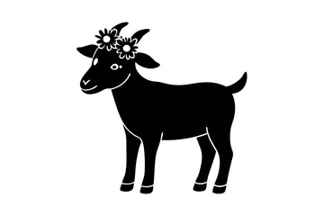 A sweet goat holding a flower crown in cartoon vector illustration.