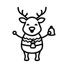 A happy reindeer wearing a Christmas sweater and holding a bell.