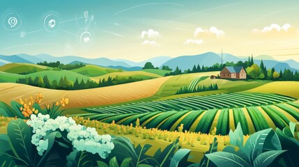 Digital Tranquil Landscape with Farm and Management System Imagery