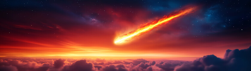 Fototapeta premium A stunning meteor streaks across a vibrant sunset sky, illuminating the atmosphere.