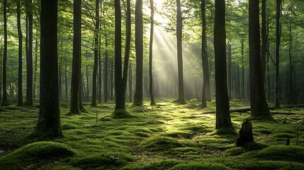 Obraz premium Sunlight filtering through a lush forest. Concept of nature, tranquility, and serenity.