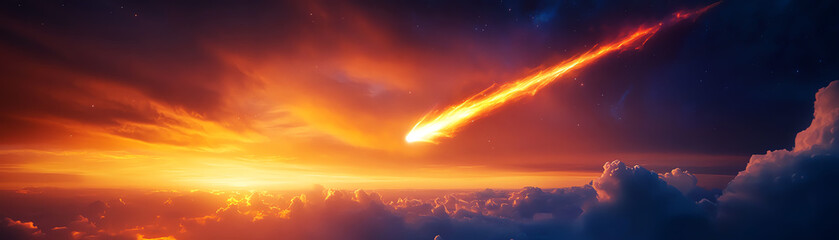Fototapeta premium A vibrant meteor streaks through a colorful sunset sky, creating a breathtaking view.