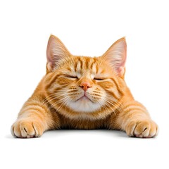 Obraz premium Adorable Orange Tabby Cat Relaxing with Eyes Closed, Peaceful Sleeping Pose, Fluffy Paws Stretched Out, Soft Fur and Whiskers, Cute and Calm Feline on White Background.