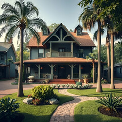 Elegant Suburban Home with Cozy Porch and Beautiful Landscaping