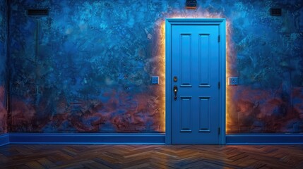 A vibrant blue door illuminated against a textured wall, evoking mystery and intrigue.