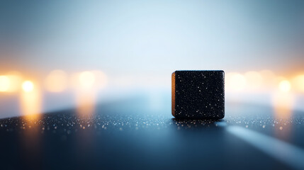 A captivating black sugar cube on a shiny surface with blurred lights in the background.