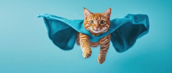 Fototapeta premium Super Cat in Flight: Adorable Ginger Kitten Soaring with Blue Cape