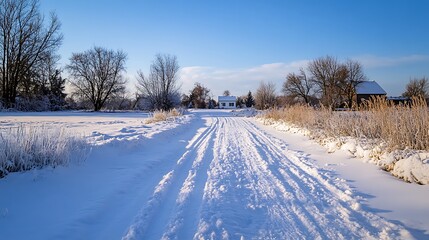 Obraz premium Snowy Country Road in Winter. Tranquil Winter Landscape.