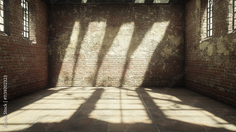 Poster empty brick room with sunlight streaming through window, creating shadows.