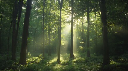 Obraz premium Sunlight filtering through a misty forest. Concept of tranquility, nature, and serenity.