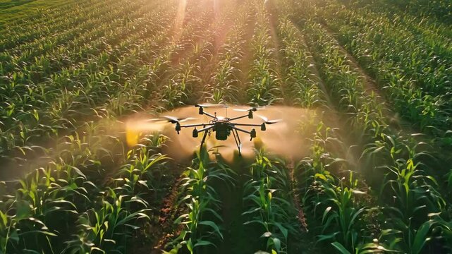 An Indian farmer uses a drone to survey sprawling green fields, highlighting modern agricultural practices. The aerial view depicts technology's role in enhancing crop productivity and efficiency on f