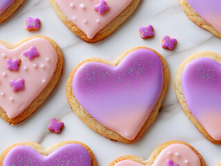 Delicious heart shaped cookies with glowing ombre icing and edible decorations create delightful treat perfect for celebrations