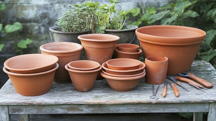 Fototapeta premium A Collection of Various Terracotta Plant Pots Arranged on a Wooden Table Surrounded by Lush Greenery and Garden Tools for Home Gardening Enthusiasts