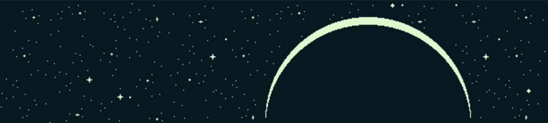Space pixel art background with stars and planet outline, solar system object, flat style. Game design. Fantastic world vector 8-bit illustration.