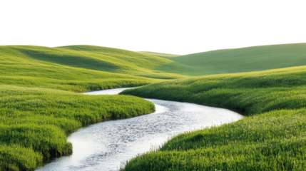 Scenic landscape with rolling hills and river.