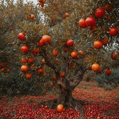 A pomegranate tree in autumn, with bright red fruits contrasting against fiery orange leaves.