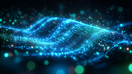 A glowing digital wave of interconnected circuits and particles.