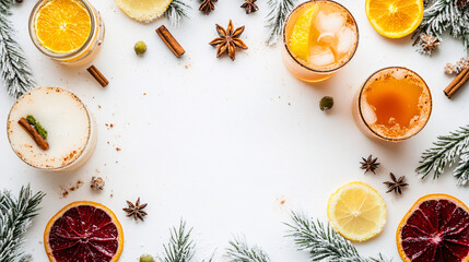 flatlay of winter cocktails with citrus fruit and cinnamon on a white background