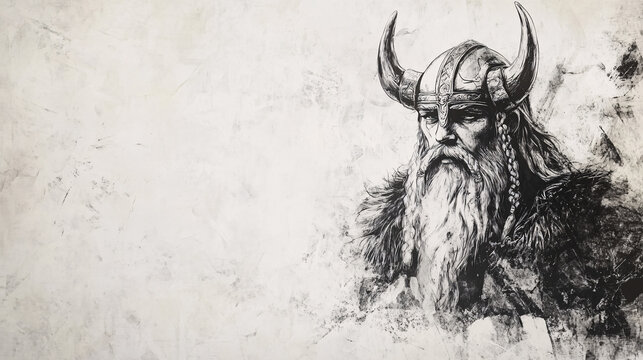 black and white illustration of a viking warrior with a long beard on a light grey background