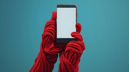 3D Render Red Twisted Hands Holding Smartphone