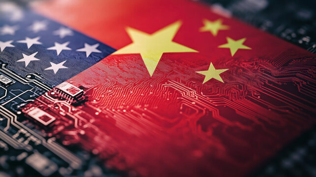 A close-up of the Chinese and American flags on the circuit board symbolizes the chip war between the two powerful countries