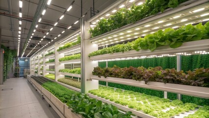 Vertical Farm with Healthy Plants and Bright Lights
