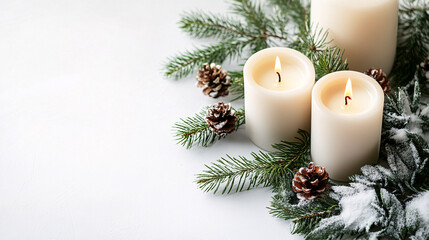 white candles burning with snowy pine branches on a white background for a winter holiday atmosphere