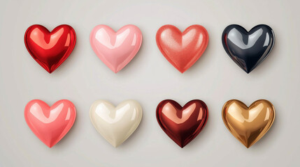 Fototapeta premium Shiny heart shaped icons in various colors, including red, pink, and gold, create vibrant and playful display. Perfect for expressing love and affection