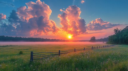 A serene landscape at sunrise with vibrant clouds and a wooden fence in a grassy field.