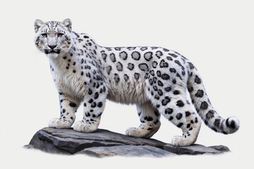 Fototapeta premium Majestic snow leopard standing on a rock, isolated on white background.