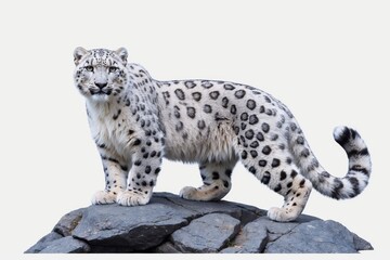 Obraz premium Majestic snow leopard standing on rocks, isolated on white background.
