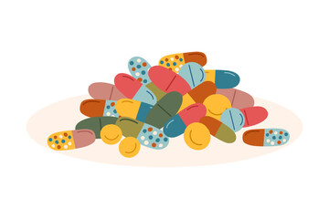 Pile of colorful pills isolated on white background. Concept of medicine, healthcare and cure. Vector flat clipart.