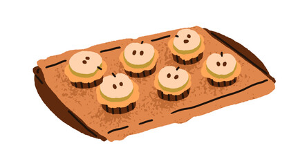 Bakery, homemade desserts on baking tray. Home cooking, apple slices on cupcakes, sweet food, snacks. Delicious fruit treats, bites at kitchen. Flat vector illustration isolated on white background