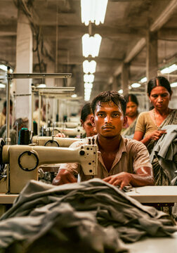 workers in a factory in Bangladesh, inhuman conditions in textile factory, sewing machines, exploitation of men , women and children, struggling deplorable work conditions