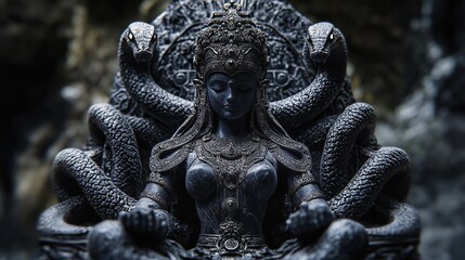 Dark, regal, female deity figure seated on a throne adorned with colossal snakes, with a serene, mystical aura.