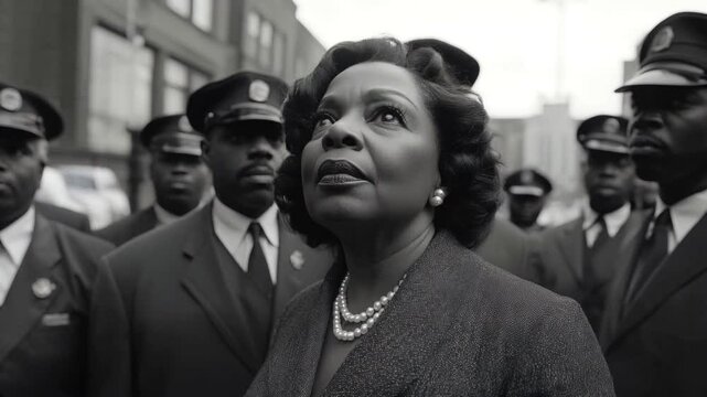 Black-and-white photo of a civil rights leader surrounded by men in uniform